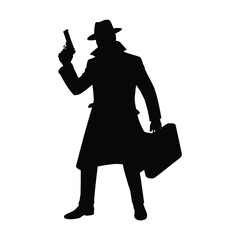 Silhouette of a detective in a trench coat holding a gun and briefcase