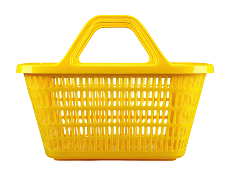 Bright yellow plastic shopping basket, with handle and slotted sides, isolated on black