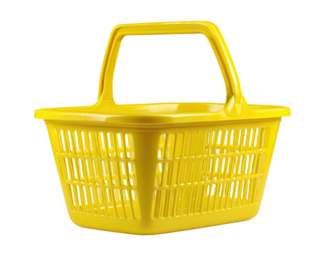 Bright yellow plastic shopping basket with a handle, isolated on black background