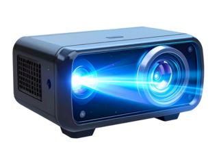Modern projector isolated on transparent background emitting a bright blue light