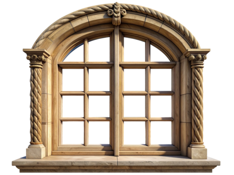 Classic stone window frame isolated on transparent background for architecture