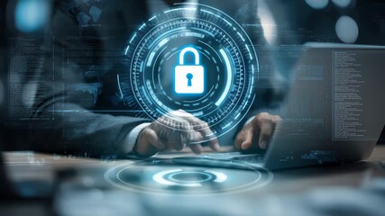 Businessman using laptop with cybersecurity overlay in a modern office environment focusing on data security in the digital age - Powered by Adobe