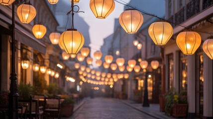 Charming European Street Illuminated by Warm Glowing Lanterns at Dusk Creating an Enchanting and Inviting Atmosphere for Evening Strolls
