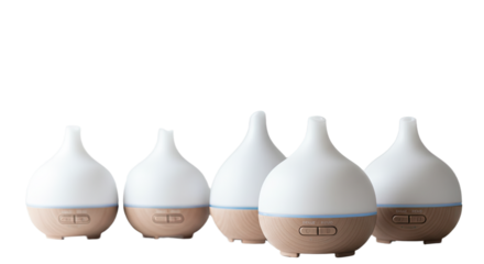 Essential oil diffusers with wooden base for aromatherapy and home fragrance, perfect for relaxation and wellness environments