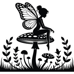 Enchanting silhouette of a fairy sitting on a mushroom