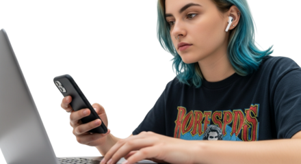 Gen Z Person Using Multiple Technology Devices Simultaneously Isolated on White and Transparent Background, PNG