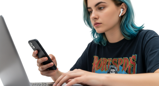 Gen Z Person Using Multiple Technology Devices Simultaneously Isolated on White and Transparent Background, PNG