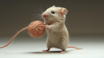 Cute beige mouse playing with a ball of yarn on a white surface.