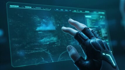 Interactive futuristic interface with hand touch and data analysis - Powered by Adobe