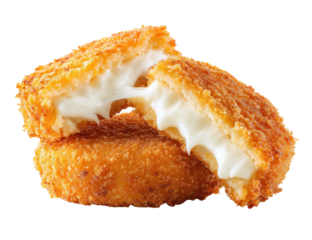 Three golden, crispy, rectangular food items with creamy, white filling visible in split pieces