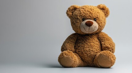 Obraz premium Cute brown teddy bear sitting on a grey background.