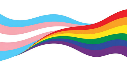 Waving transgender pride flag merging with rainbow pride flag on white background