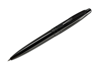Sleek, metallic pen with a clip on a black background, angled and professional looking