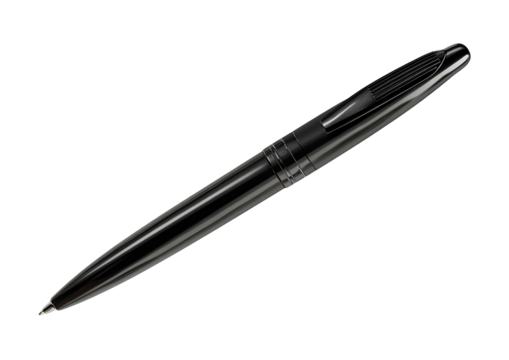 Sleek, metallic pen with a clip on a black background, angled and professional looking