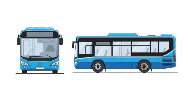 Two different views of a blue public transport bus showing front and side.