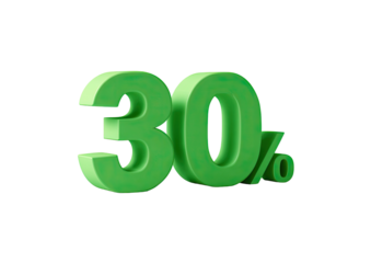 A 3D rendered green number "30%" floating against a solid black background