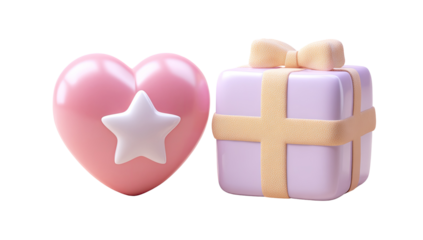 3D rendered image of a pink heart with a star and a wrapped square gift with a bow