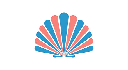 Stylized abstract seashell design with blue and coral stripes on white background