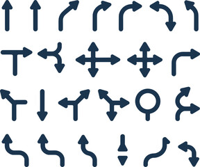 Directional Arrow Icon Set Featuring Turns, Curves, Merges, U-Turns, Navigation Symbols for Traffic, UI, Map and Vector Design Use