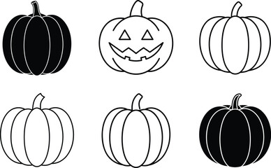 Pumpkin Outline and Silhouette Set Halloween Jack O’Lantern Vector Icons