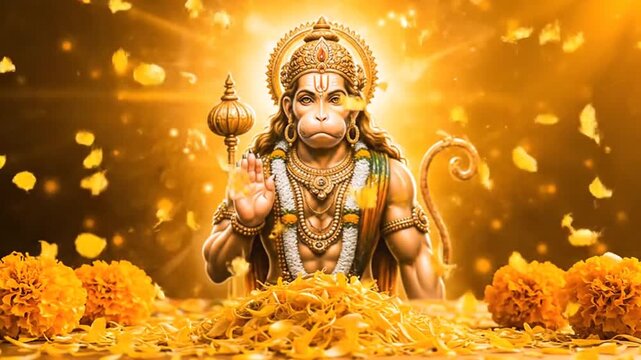 divine hanuman blessing golden aura marigold flowers