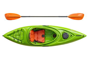 Overhead view of a bright green kayak with paddle, orange seat, and equipment