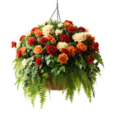 A hanging basket overflowing with colorful roses and lush green foliage, isolated on black