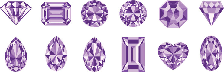 Purple Gemstone Collection Featuring Twelve Unique Cuts and Shapes for Jewelry Design, Gemology, Luxury Decoration and Vector Illustration Use
