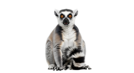 Ring-tailed lemur sitting elegantly on a white background, its striped tail coiled