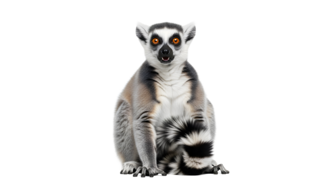 Ring-tailed lemur sitting elegantly on a white background, its striped tail coiled