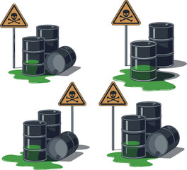 Toxic Waste Pollution Scene with Leaking Barrels, Skull Warning Sign and Green Chemical Spill in Environmental Hazard Vector Illustration