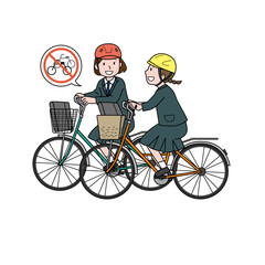 並行して自転車を走行する女性と女性 イラスト（並行運転禁止）