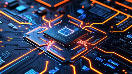 Close up of a glowing computer processor and circuitry with orange and blue lights