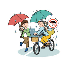 傘をさして自転車を運転する女性 イラスト