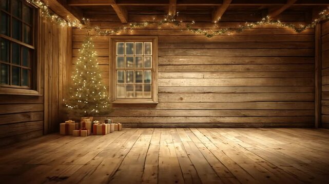 Rustic log cabin interior with a decorated Christmas tree and gifts by the window