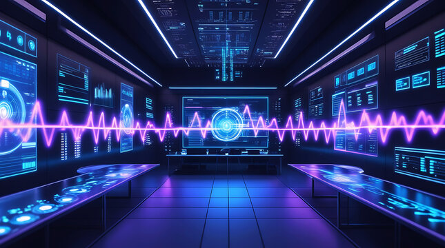 Futuristic futuristic control room with holographic displays and neon lights - Powered by Adobe