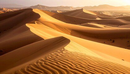 Golden sand dunes sculpted by wind under the warm glow of the setting sun.