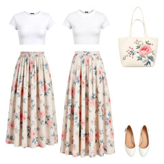 Charming floral skirt outfits, perfect for spring fashion editorials or stylish lifestyle content featuring a trendy wardrobe and fresh feminine style