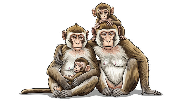 Family of Four Monkeys Vector Illustration Depicting a Loving Family.