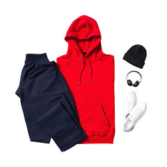 Trendy casual outfit flat lay featuring a vibrant red hoodie, comfortable sweatpants, stylish sneakers, and cool accessories for urban lifestyle appeal