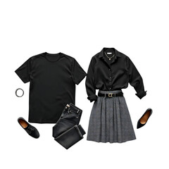 Stylish his and hers apparel flat lay: Modern black t-shirt, jeans, button-down shirt and patterned skirt offer versatile fashion inspiration and trendy outfits.