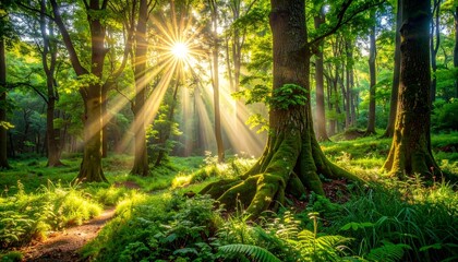 Golden sunbeams stream through the lush green canopy of an ancient, mossy forest.