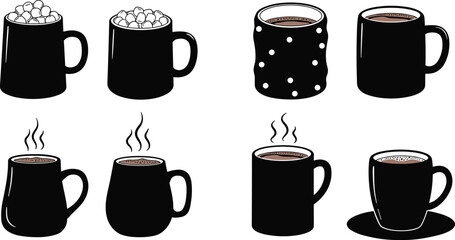 Hot chocolate mug silhouette, marshmallows, steam rising, whipped cream, cozy drink, winter beverage, vector art, black mug, dessert, comfort