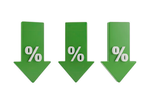 Three Green Downward Arrows Displaying Percentage Signs on Transparent Background