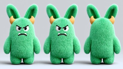 Three green stuffed animals with horns and angry faces. The first one is on the left, the second one is in the middle and the third one is on the right