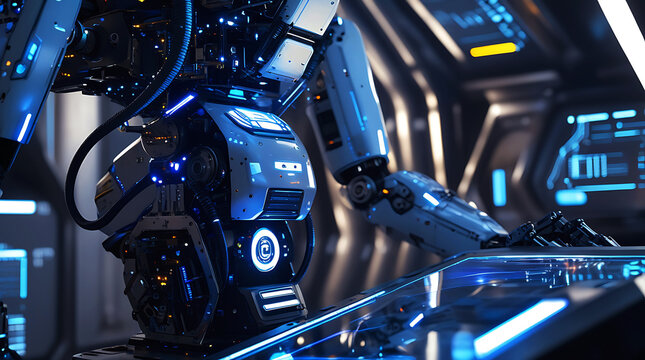 Futuristic robot standing in a high tech sci fi environment