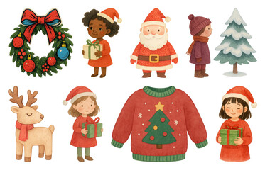 PNG Festive holiday cartoon characters, element set on transparent background
