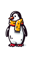 Obraz premium Cute penguin wearing colorful scarf stands cheerfully, perfect for Christmas gift tag or festive decoration