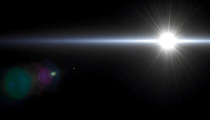 A radiant lightburst effect, with a horizontal light streak, radiates intense light across a dark background.