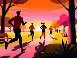 Vibrant Sunset Park Run People Enjoying Outdoor Fitness and Healthy Lifestyle, Jogging on Scenic Path with Trees and Warm Sky